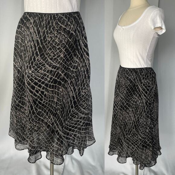 Y2K Midi Skirt Size 10 Petite 10P Black Gray Snake Layered Chiffon Ruffle Fairy - Picture 1 of 14